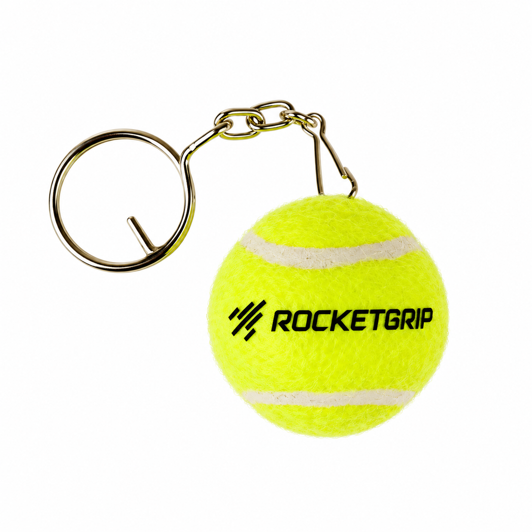 RocketGrip tennis ball keychain with metal key ring